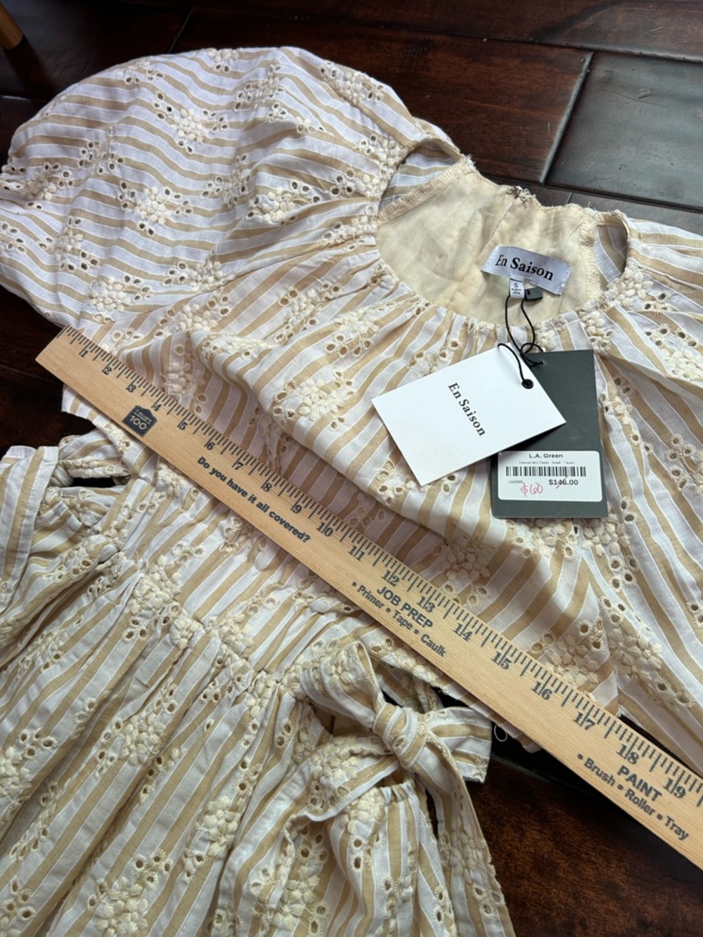 En Saison - NWT Cream and White Eyelet Stripe Peasant Dress - 100% Cotton - Picture 6 of 8